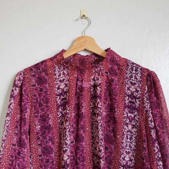 Susan Graver Chiffon Smocked Mock Neck Blouse Built in Tank Boho Berry Size 2X - Picture 3 of 12